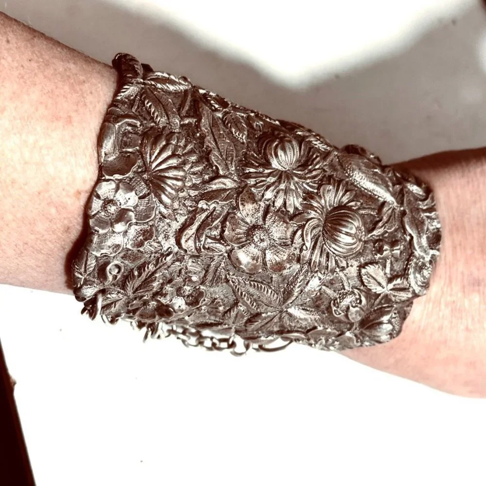 Floral Sterling Silver Cuff Bracelet Wide Art Nouveau 925 Kirk Stieff Repoussé